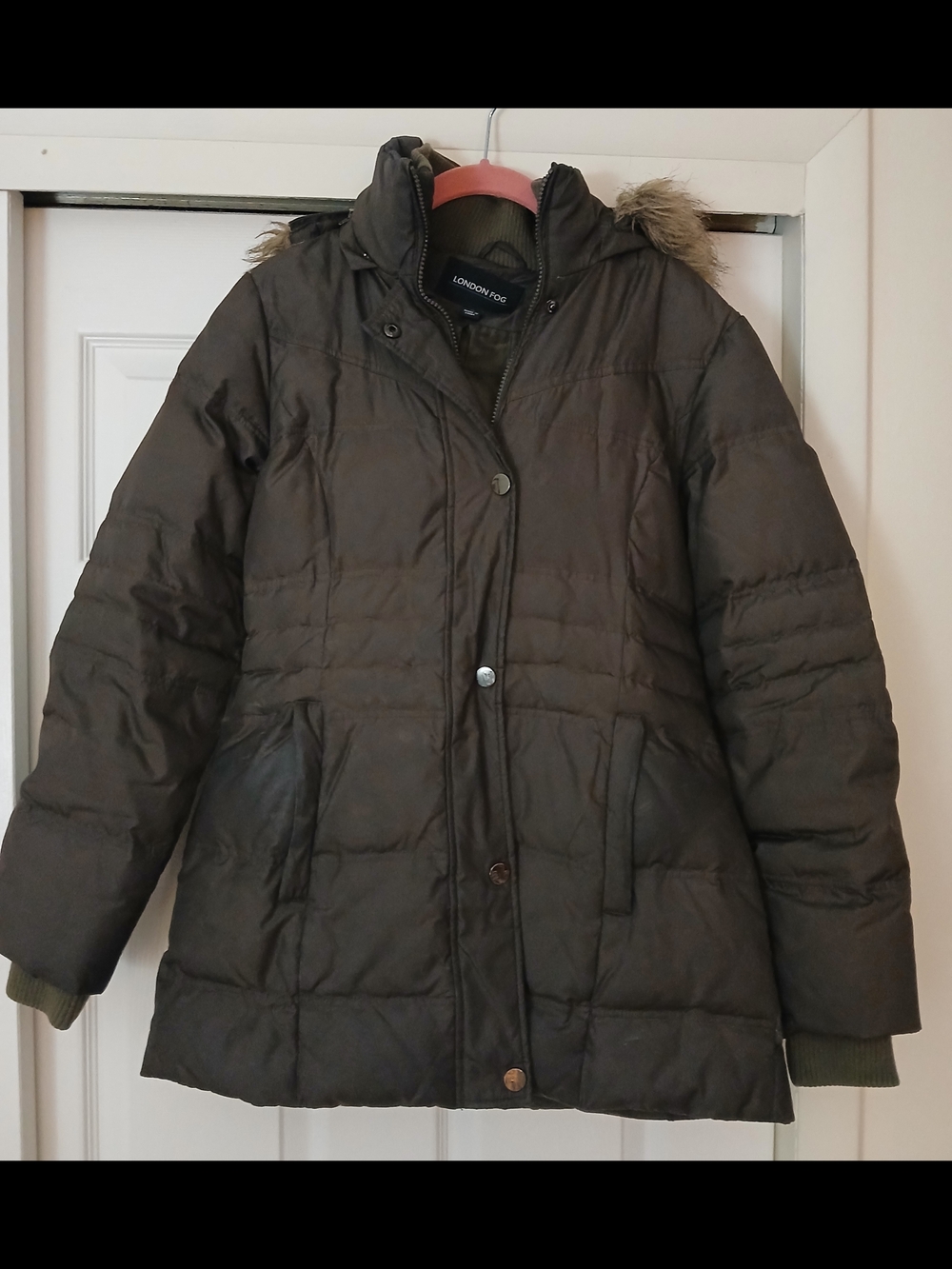 London Fog Women's Olive Green Down Filled Puffer Coat with Detachable Hood
